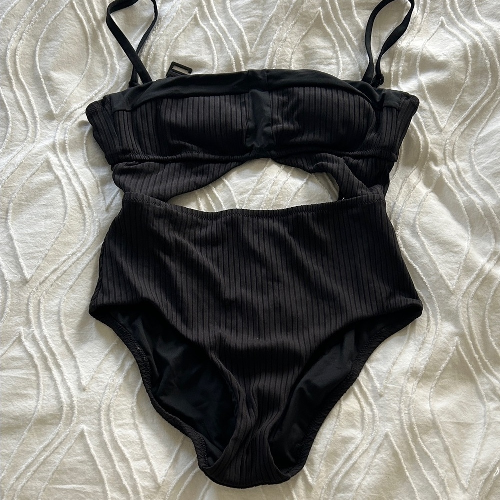 Anthropologie Sanctuary Black Ribbed Cutout Swimsuit S